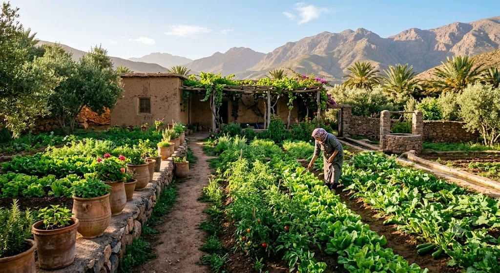 Ferme biologique ensoleill&eacute;e au Maroc avec l&eacute;gumes verts luxuriants et pots en terre cuite