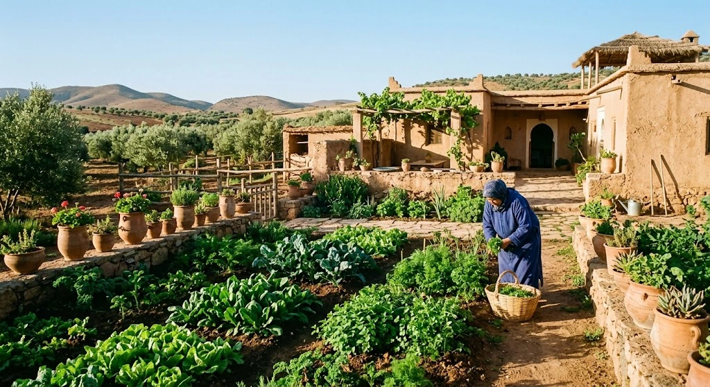 Matin paisible à La Ferme Vivante, Maroc : potager bio luxuriant et oliviers sous une lumière dorée