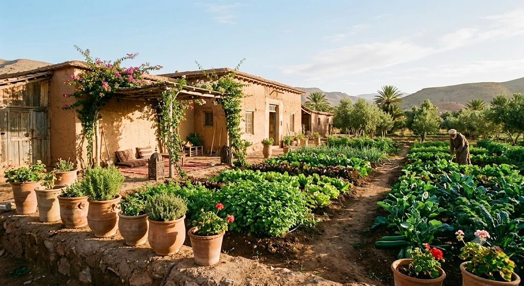 Jardins potagers bio, poteries en terre cuite et champs verdoyants baignés de lumière matinale à La Ferme Vivante